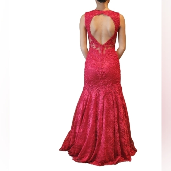 Formal red maxi lace dress, mermaid silhouette, V neckline size 0 - Picture 2 of 9